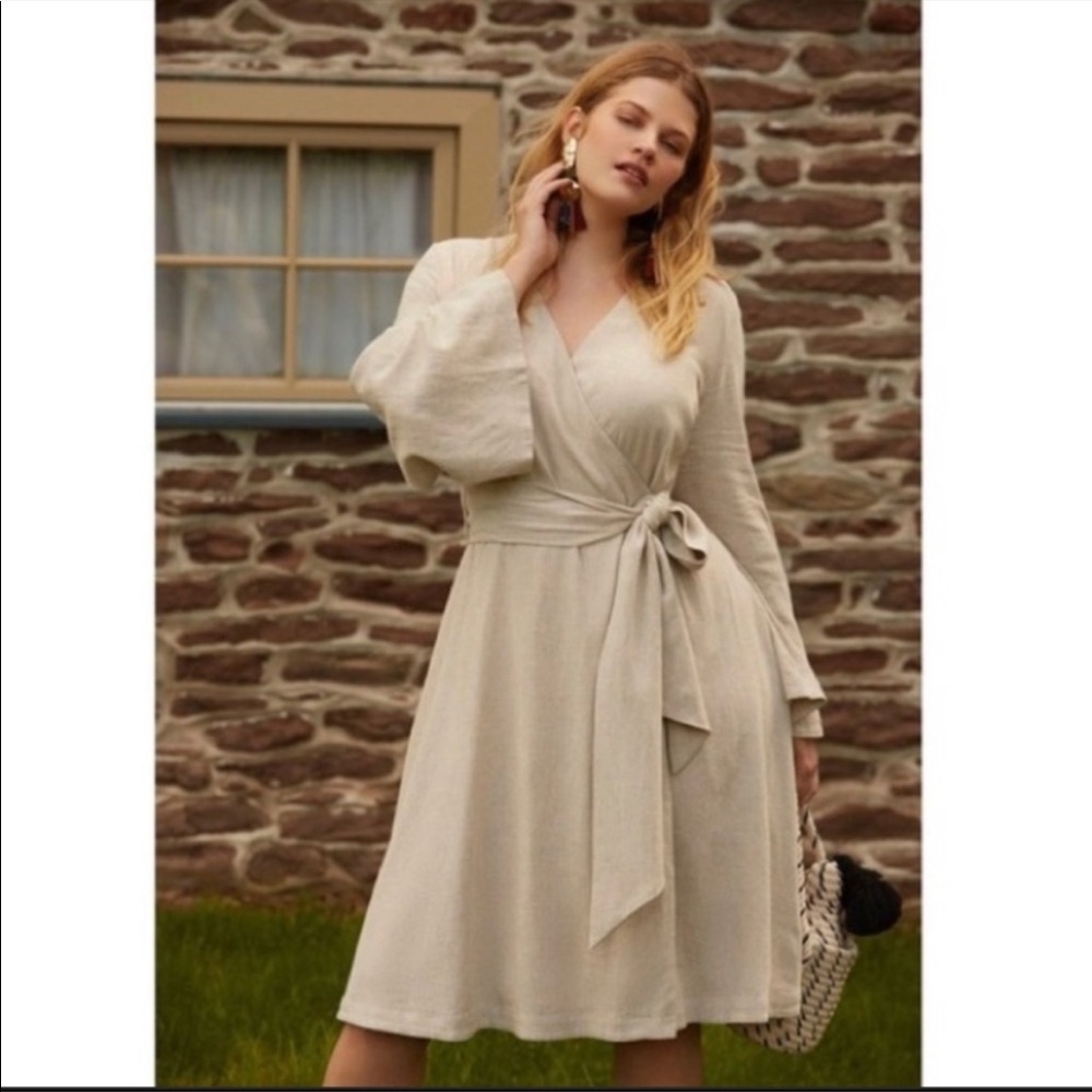 Eloquii Beige Linen Blend Wrap Dress SZ 26 NWT